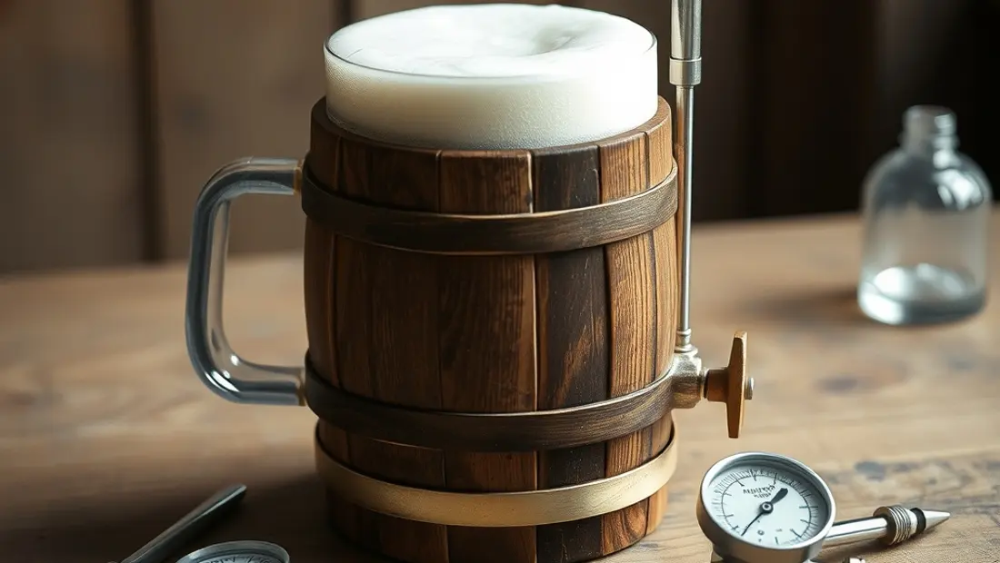 Mini fût de bière et accessoires de brassage.