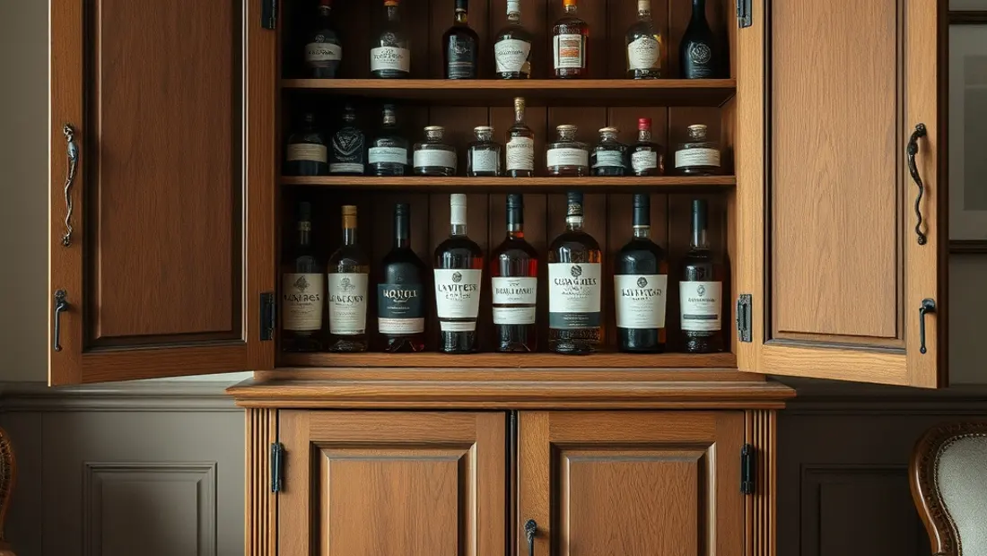 Stockage de spiritueux dans une armoire en bois.