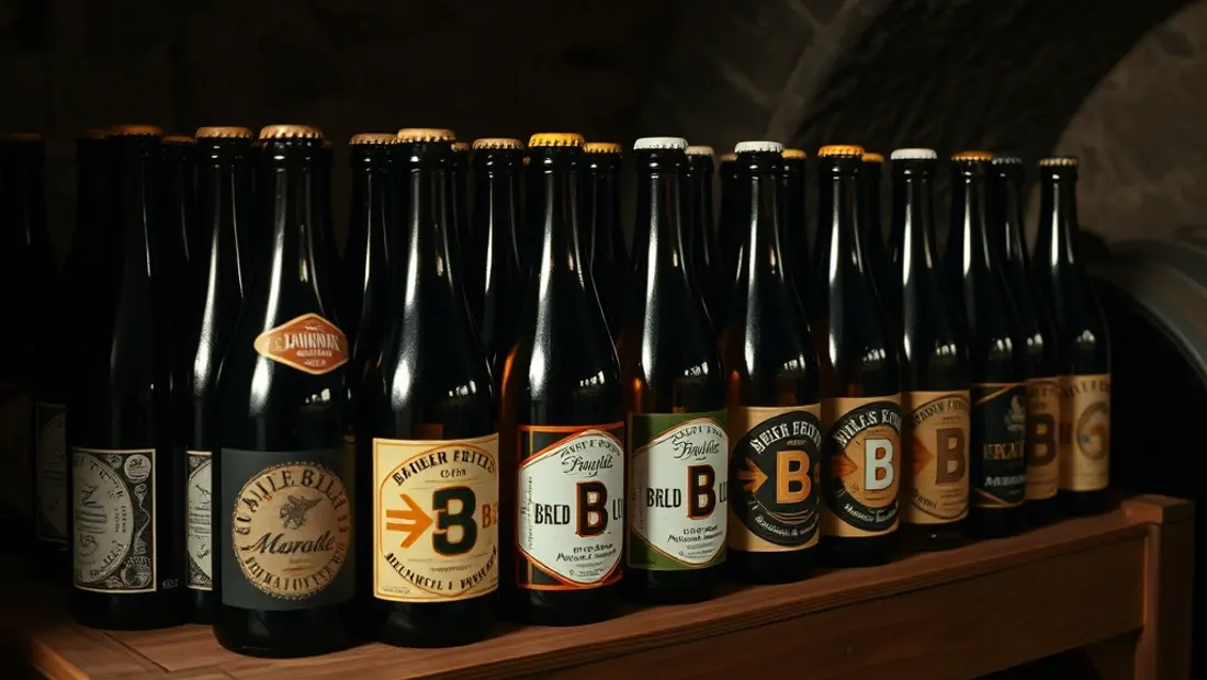 Collection de bières artisanales dans une cave sombre.