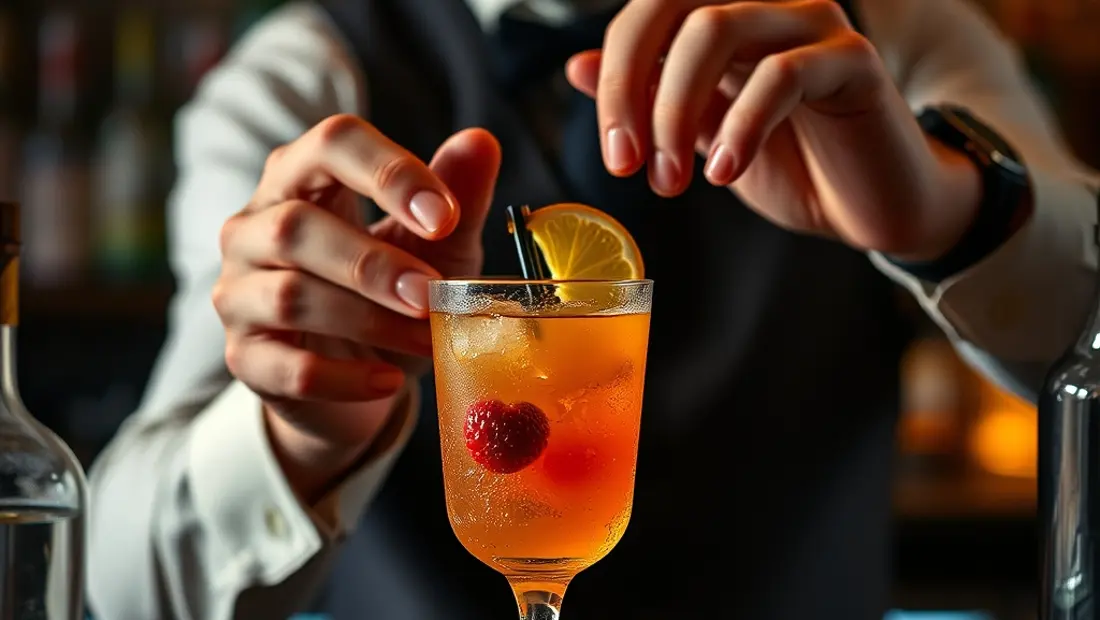 Barman prépare cocktail avec spiritueux et fruits