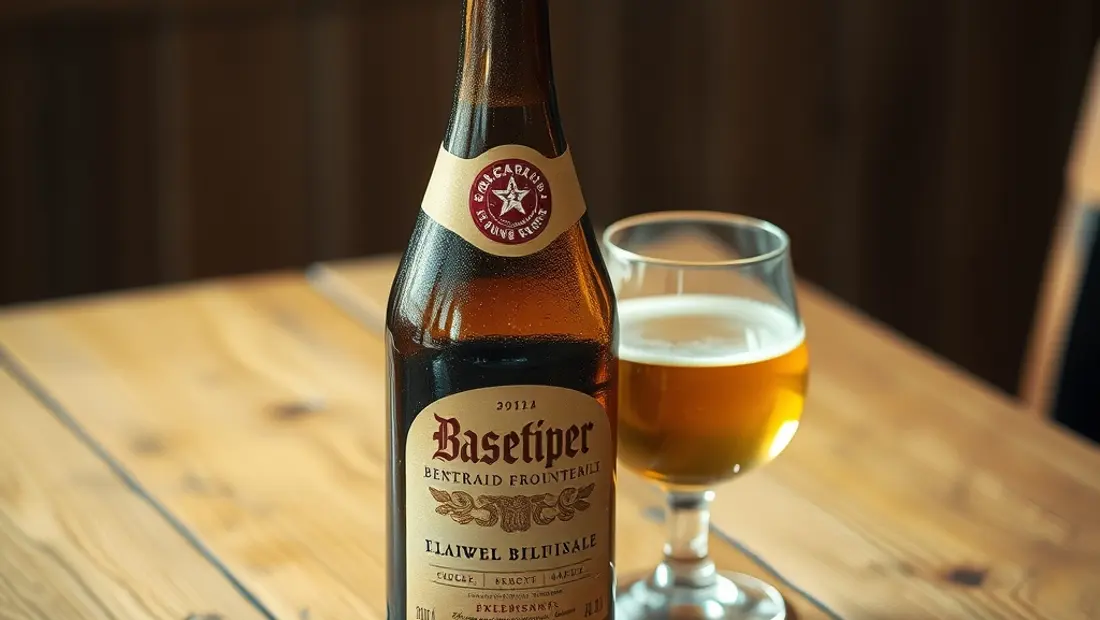 Bouteille de bière et verre sur une table.