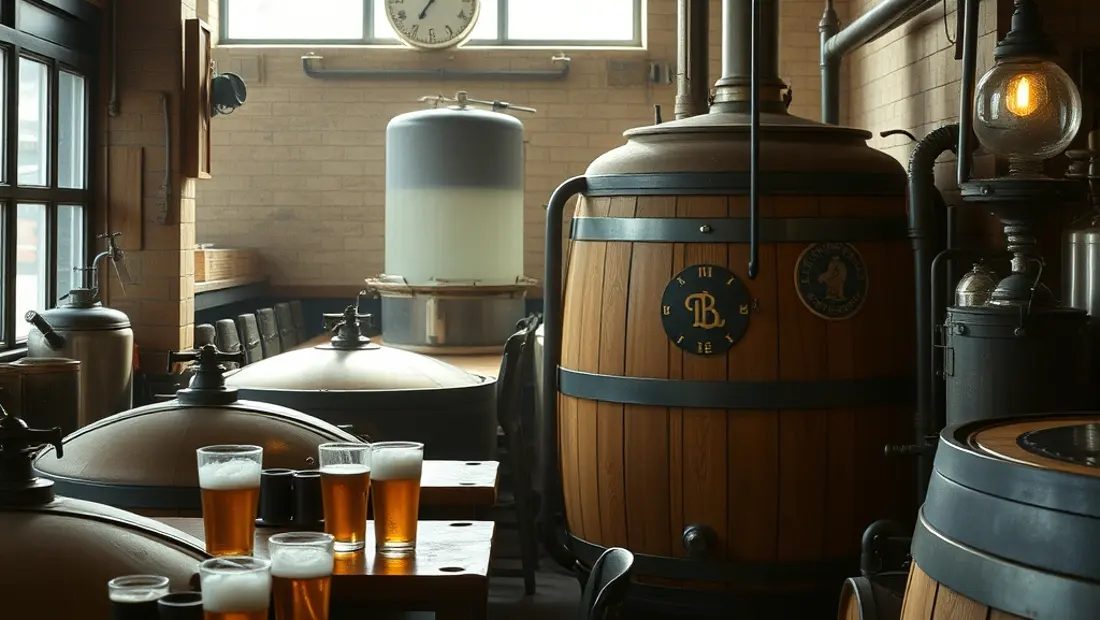Brasserie artisanale avec fûts de bière et équipements de brassage
