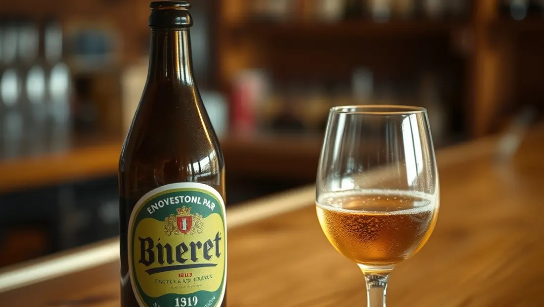 Bouteille de bière sur un comptoir de bar.