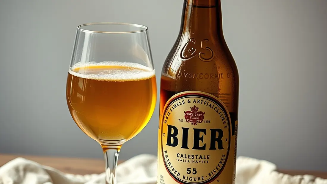 Bière ouverte avec verre et nappe.