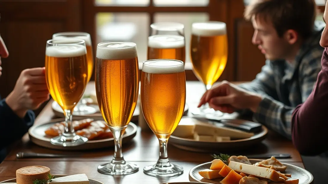 Table de dégustation avec bière et fromage.