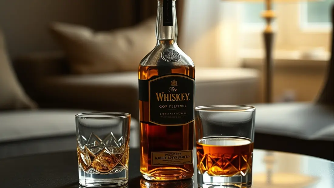 Bouteille de whiskey et verre sur table de salon
