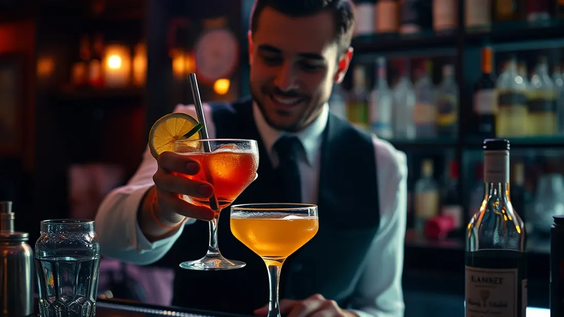 Barman servant un cocktail dans un bar animé