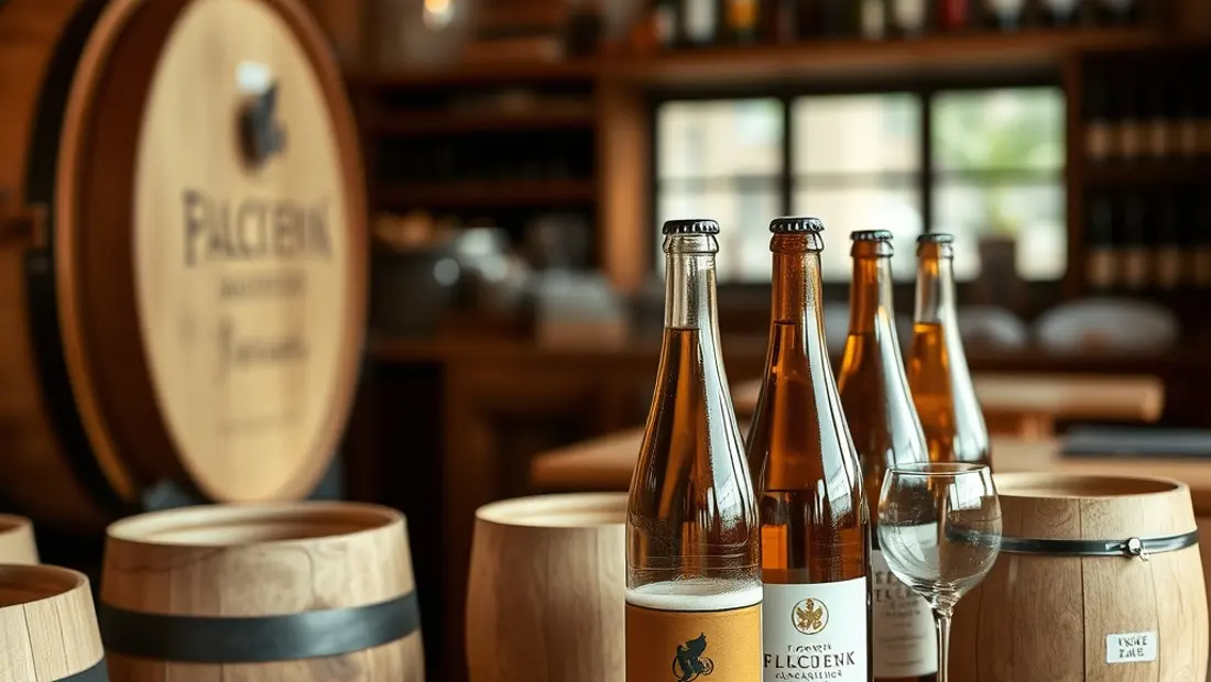 Brasserie artisanale avec cuves de fermentation et fûts de chêne.