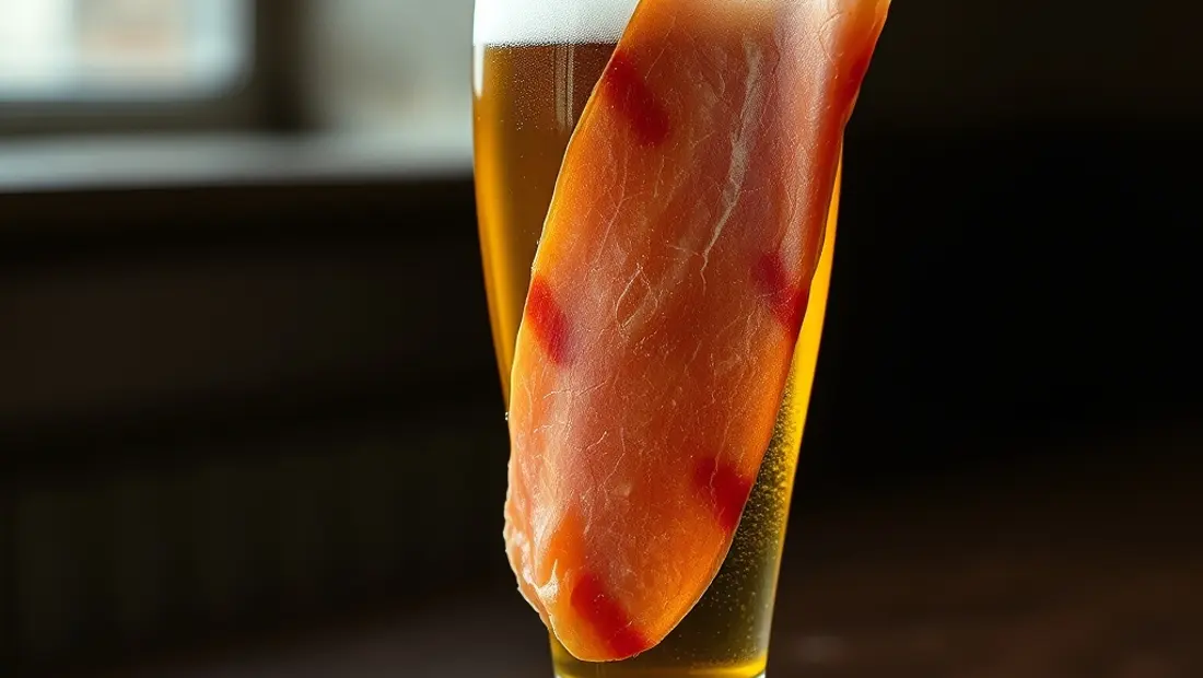 Jambon de Bayonne et bière artisanale dans un verre.