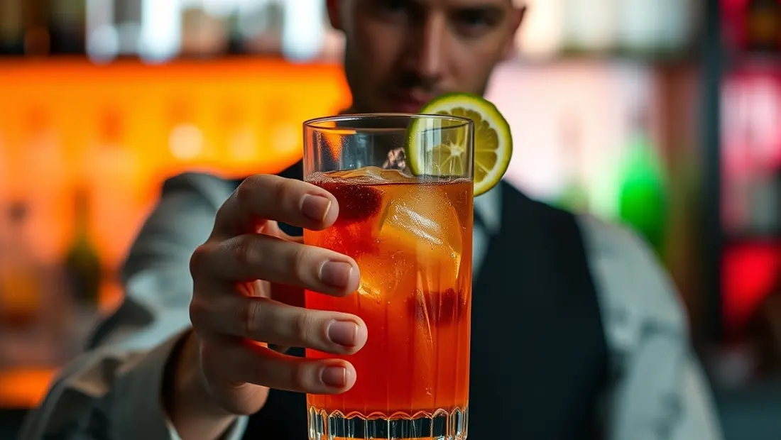Barman préparant un cocktail coloré.