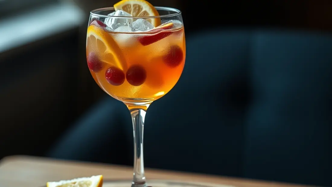 Cocktail avec glaçons et fruits.