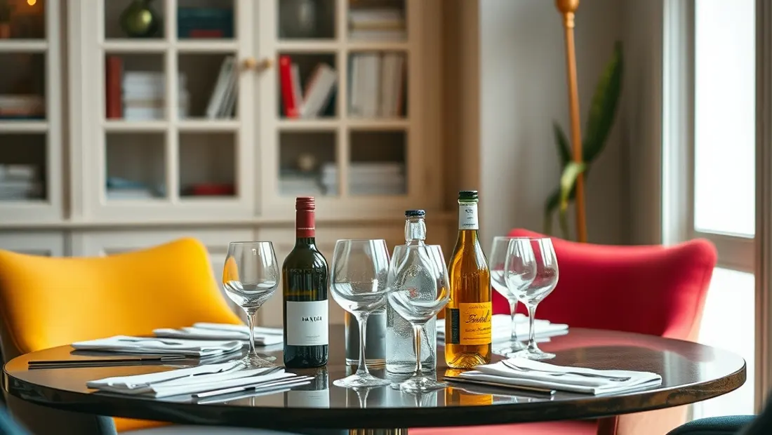 Table de salon avec verres et bouteilles.
